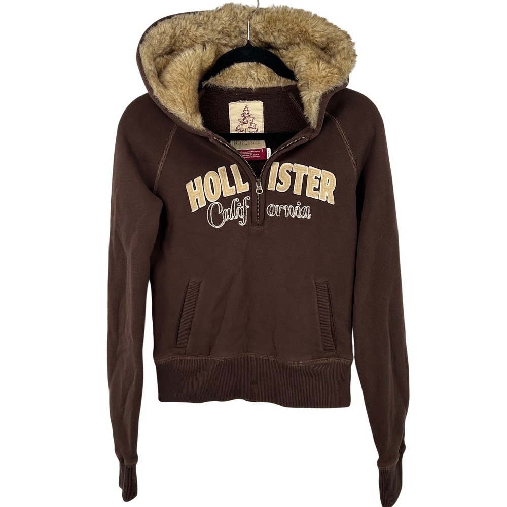 Hollister‎ California Y2K Retro Brown Faux Fur Trim Hooded Zip Sweatshirt Large